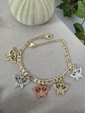 Tri-Color Gold Filled Figaro Chain Bracelet with Butterfly Charms & Extender